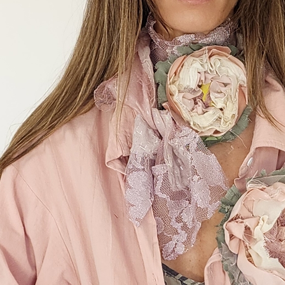 Designer Concept Wear Upcycled Vintage Lace Jabot Large Silk Rose Avangard